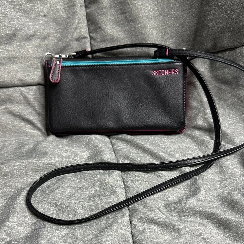 Skechers Crossbody Detachable Straps Card Holder Zip Pouch‎ Wallet Blk pink teal